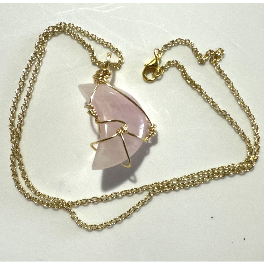 Rose Quartz Moon Pendant Necklace Jewelry Bling Gold Tone Genuine Stone Pink